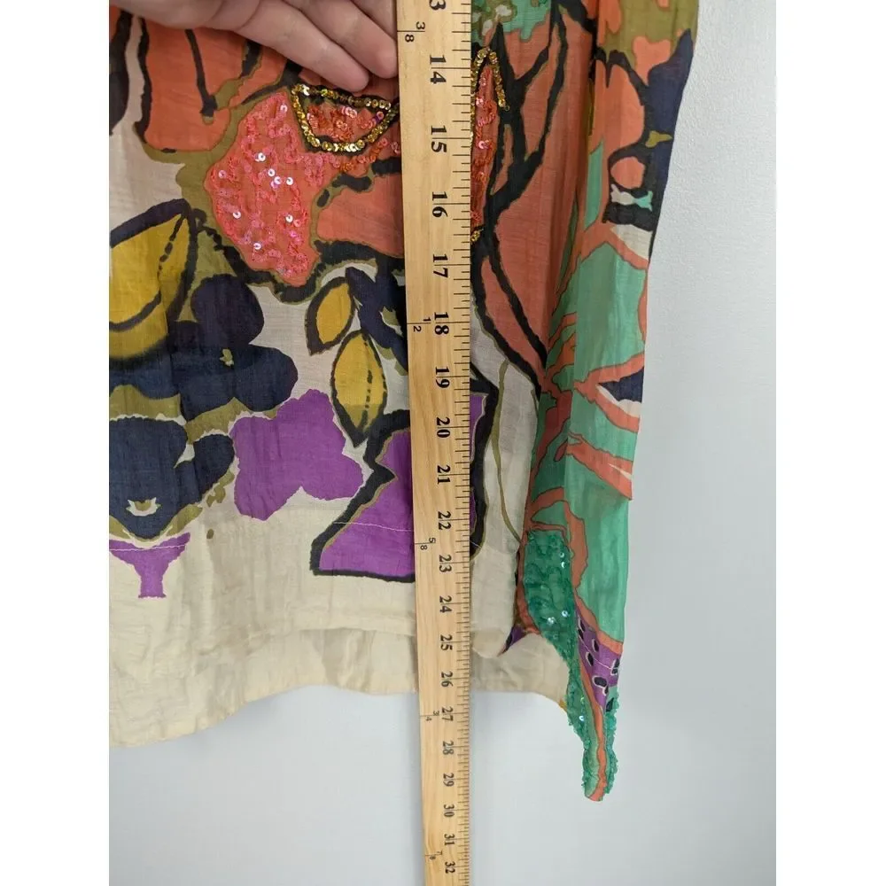 Essentiel Beach Women's Silk Blend Top EU42 Large‎ Floral Tan Shirt Sequence - Picture 8 of 11
